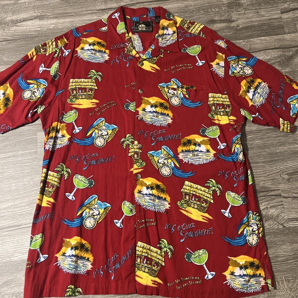 Jimmy Buffett Red Margaritaville Shirt 5 O'Clock Somewhere Hawaiian Size XL